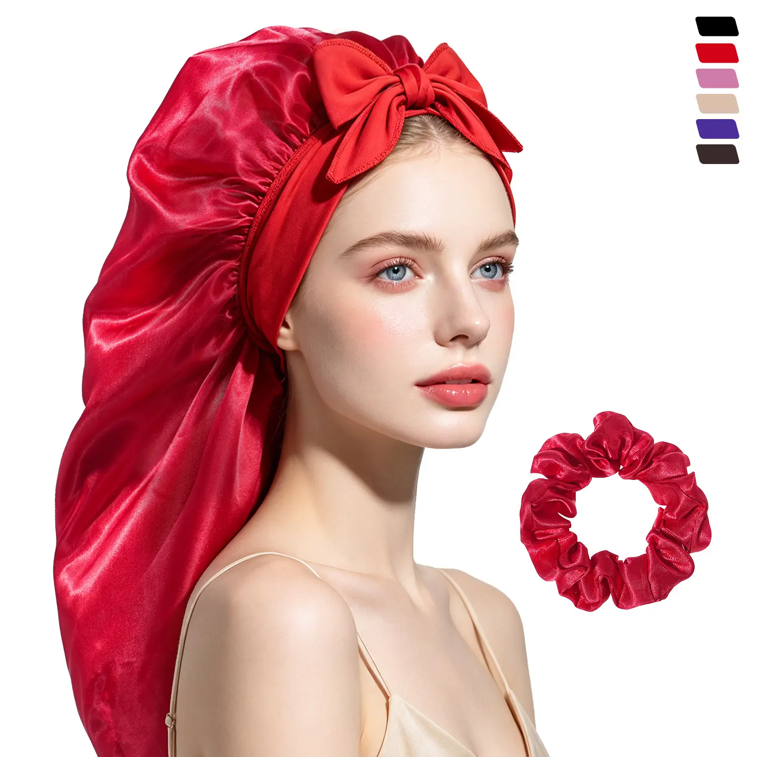 Women's Silky Lightweight Smooth Satin Bonnet - Oversized Long Tail, Front Bow Decor, Wide Elastic Haircare Wrap for Curly Hair, Extra Long Braids Locs Weave, Sleep Protection & Loungewear Use, Anti-Frizz, Adults, Silk Satin, Night Wear, Moisture Lock