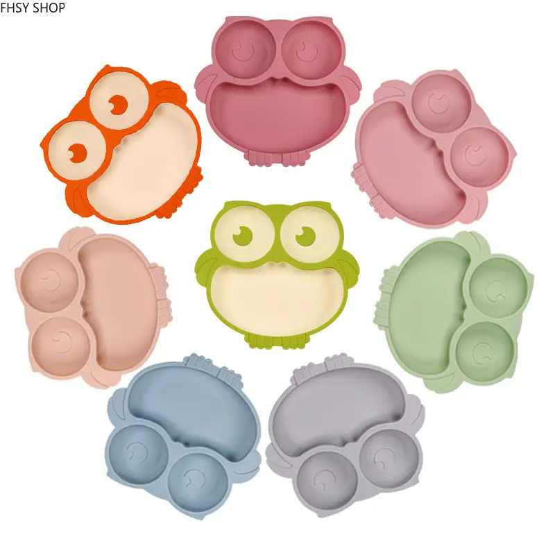 Owl-Shaped Silicone Toddler Self-Feeding Set - Suction Plate, Bowl with Integrated Base, Basketball Fork & Spoon, Grey, Promotes Early Eating Skills, Unisex Baby-Led Weaning Supplies, Synthetic, Integrated Suction Base, Fun Owl Design, Mess Free