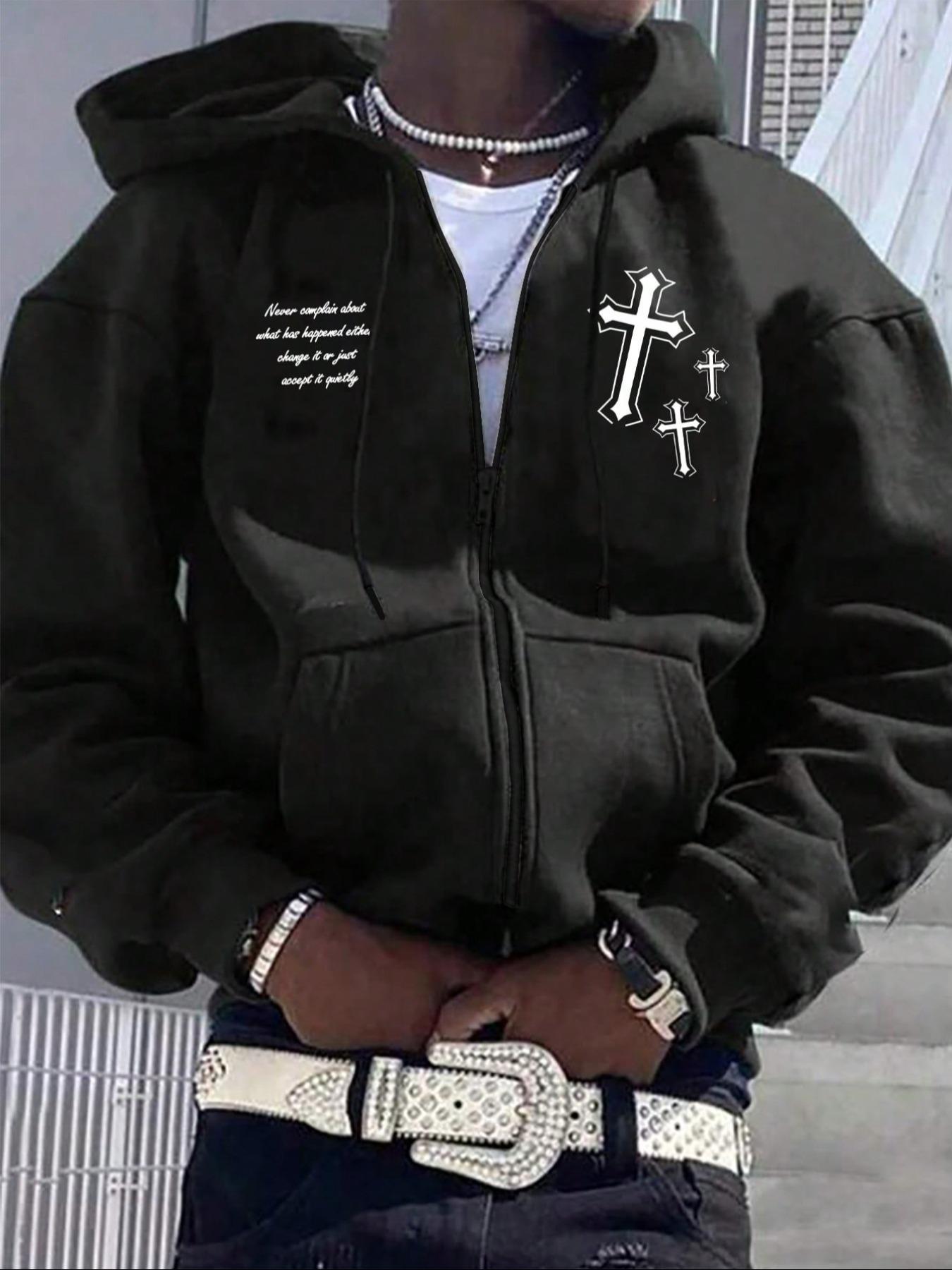 Men's Fleece Lined Zipper Hoodie Jacket, Winter Warm Sports Sweatshirt, Letter & Cross Print Long Sleeve Hooded Top for Outdoor Wear