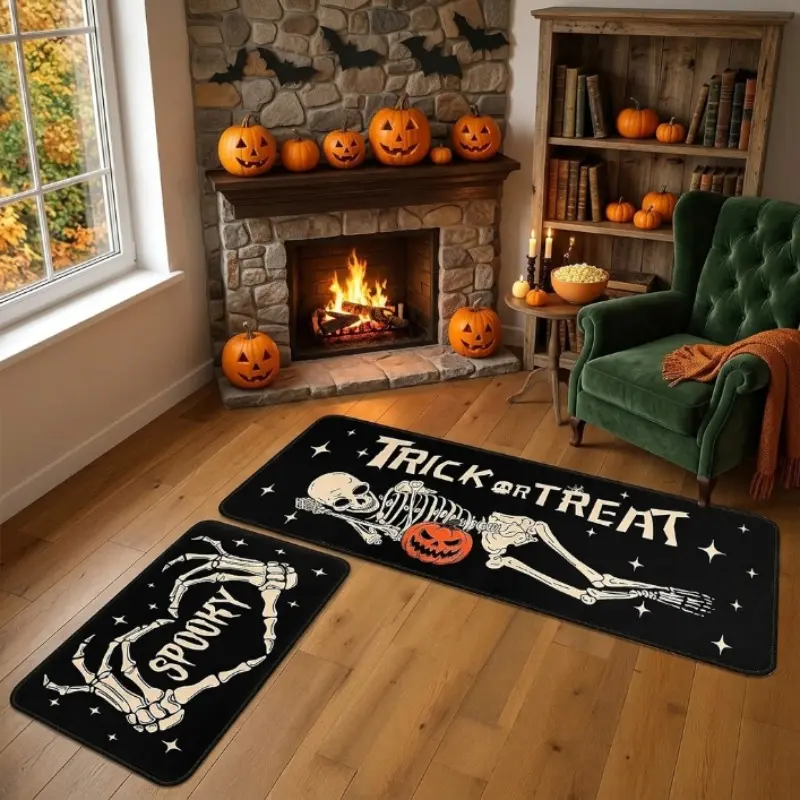 2 Piece Halloween Kitchen Decor Rugs Set,Skeleton Kitchen Rugs and Mats Non Skid Washable Absorbent Kitchen Accessories Decoration Floor Mats 18*48in+16*24in