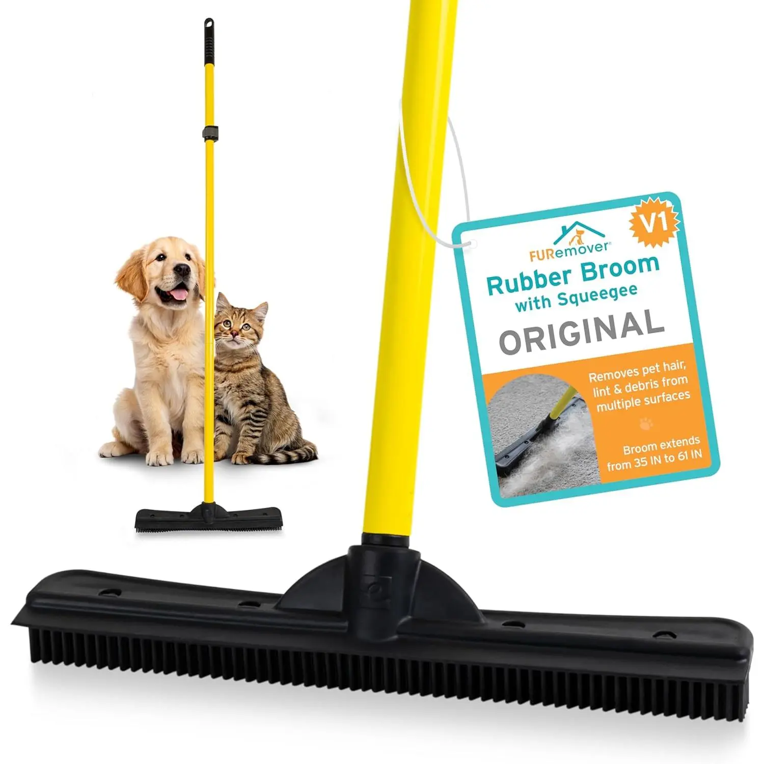 Telescopic Pet Hair Removal Rubber Broom (61in) - Multi-Surface Broom with Built-In Squeegee Edge, Sweeps Fur, Debris on Tile, Wood, Carpet, Outdoors