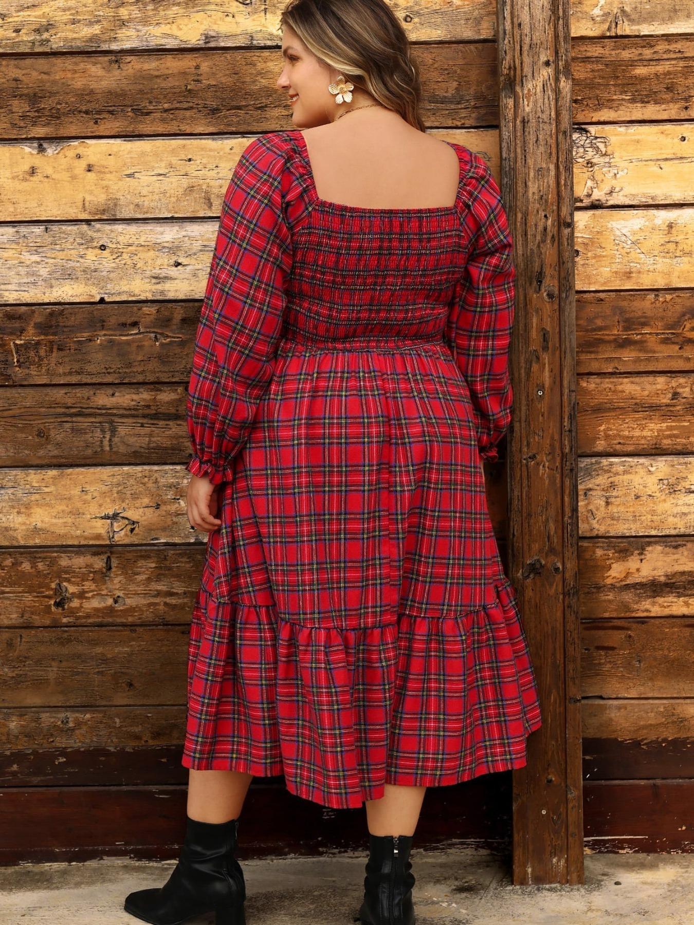 Christmas Plus Size Plaid Long Sleeve Dress for Women, Casual Loose-Fitting A-Line Dress, Fall & Winter Fashion, Comfortable Daily Wear, Boho Fashion Dress
