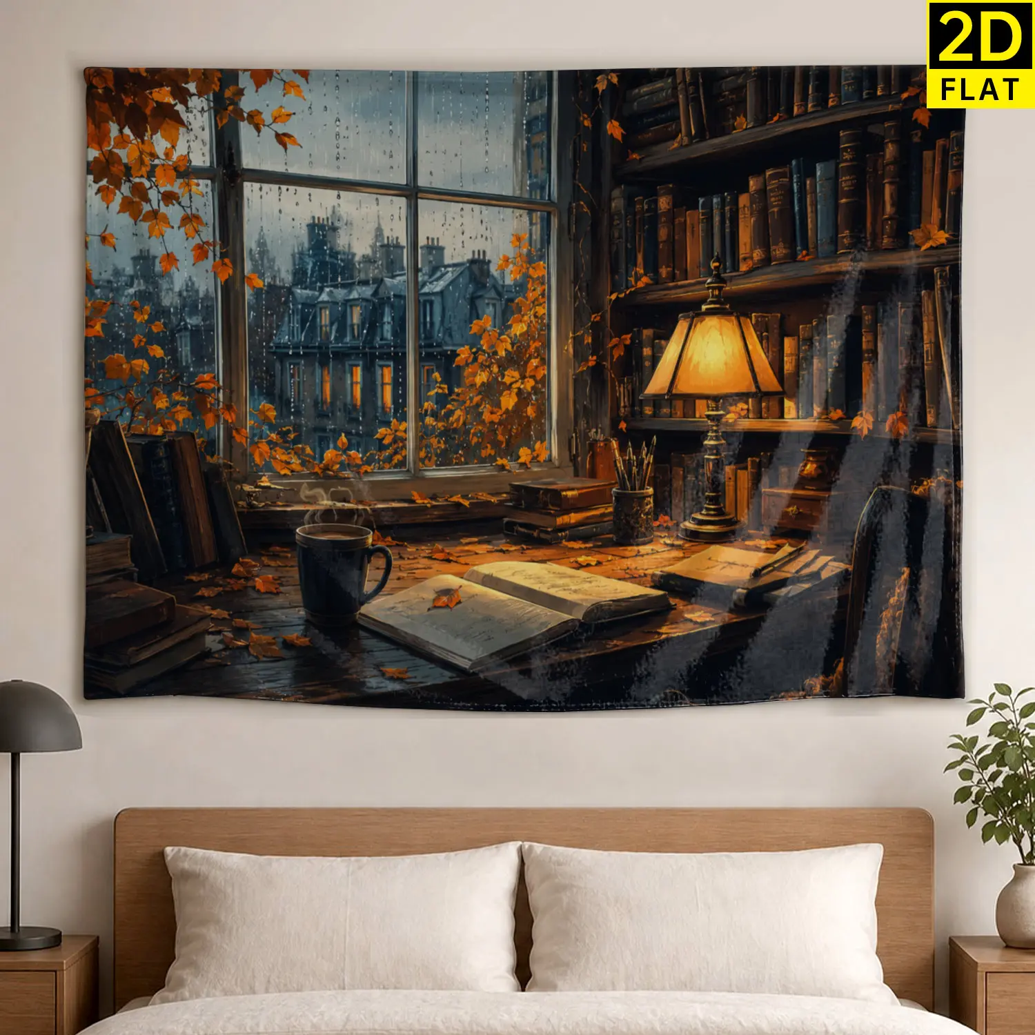 Cozy Autumn Library Rainy Window View Wall tapestry, Large size Printed Horizontal Tapestry blanket, Polyester Fabric Wall Hanging for living room, home office, No Installation Required, Indoor, Outdoor, Gift for Family and Friends