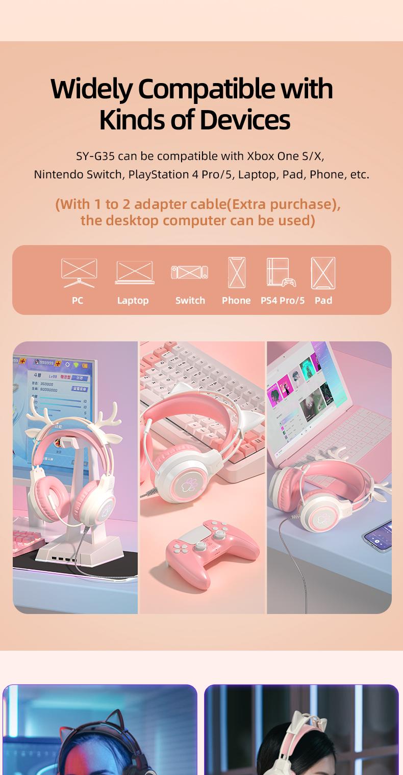 G35 High-Value RGB Gaming Headset with Cute Cat Ear Design, Wired Over-Ear Headphones for PC & Console Games, Multi-Scene Use, PC Gaming Accessories