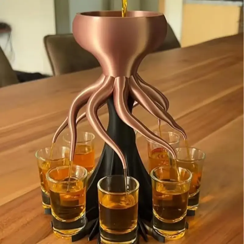 Retro Copper Octopus 8-Shot Dispenser, Metal Shot Glass Rack, Portable Liquor Bottle Pourer, Cool Gift for Bar Lovers & Gentlemen
