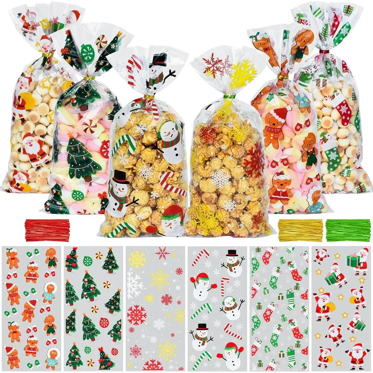 Christmas Cellophane Goodie Bags with Ties - 120 Pcs (10.6x5.1 Inches) for Snacks, Cookies, Candy Packing, Christmas Party Favors, Festive Candy Bags