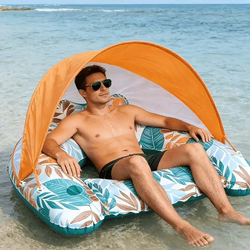 Inflatable Pool Float Lounge Chair, Adjustable Sun Shade Canopy, Tropical Leaf Print, Cup Holder, PVC, Adult Swim Pool Lake
