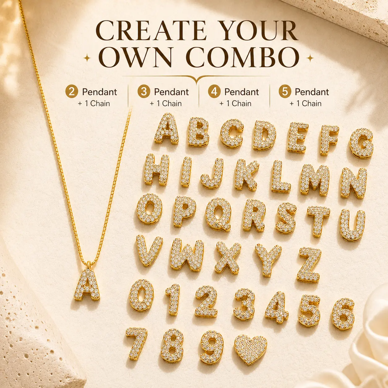 14K Gold Plated Custom Charm Necklace Set, Choose 2-5 Letter, Number & Heart Charms with 1PC Chain,DIY Mix & Match Initial Pendant Personalized Name Initial Everyday Fashion Accessory, Couple Gift for Women and Men