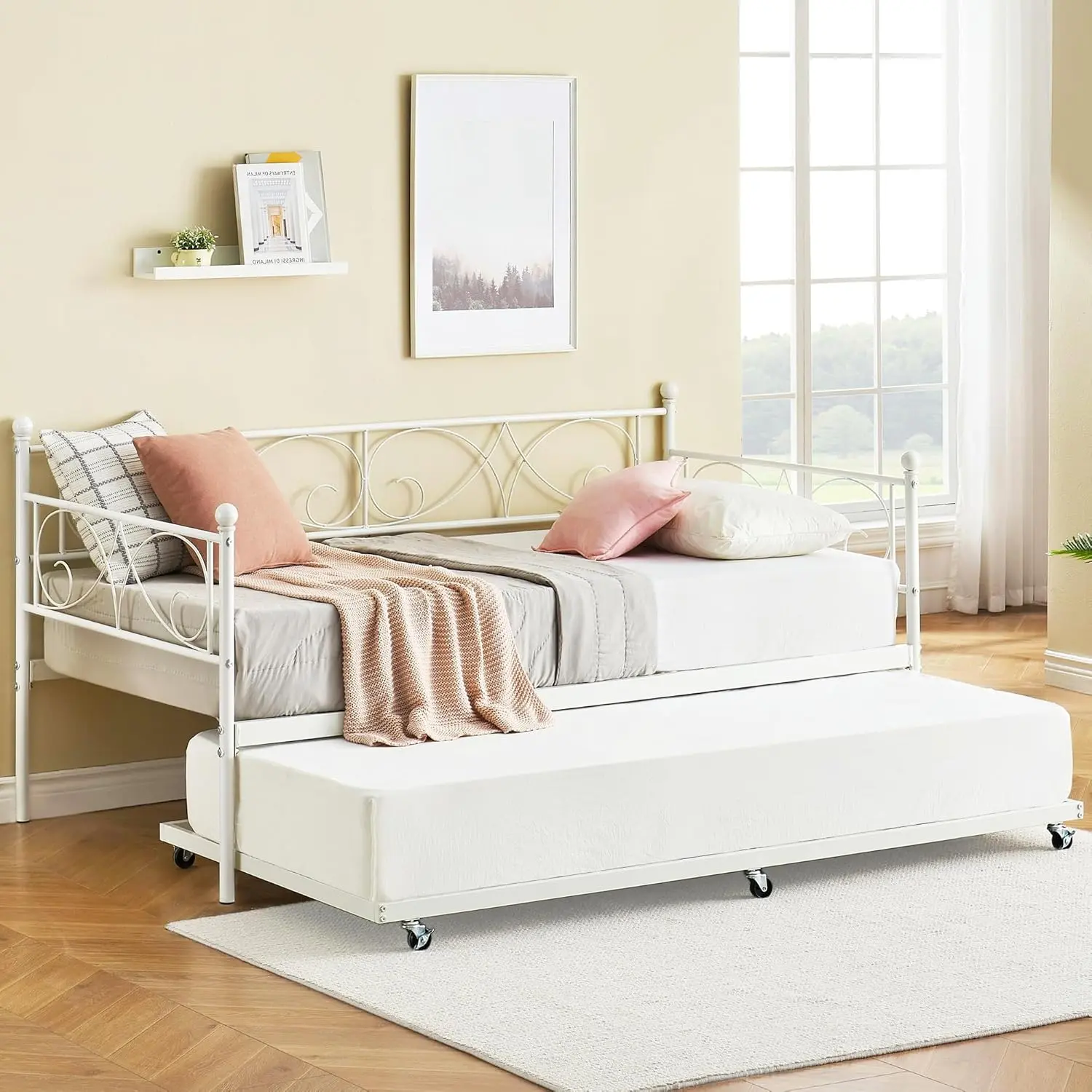 Twin Day Bed with Trundle Bed Twin, Metal Daybed with Trundle, Daybed with Trundle Bed Frame, Steel Slat Support Sofa Bed for Kids Teens Adults, No Box Spring Needed, Modern, White