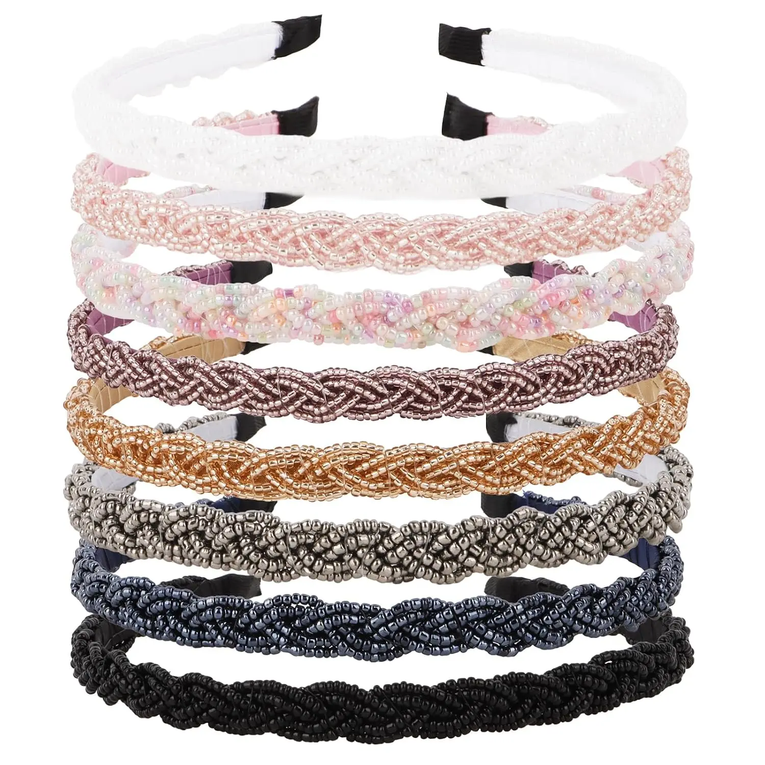 8 count Sparkly Braided Headbands for Women - Trendy Thin  Hair Bands - Comfortable Non Slip Headbands for Women & Girls - Multicolor Set of 8