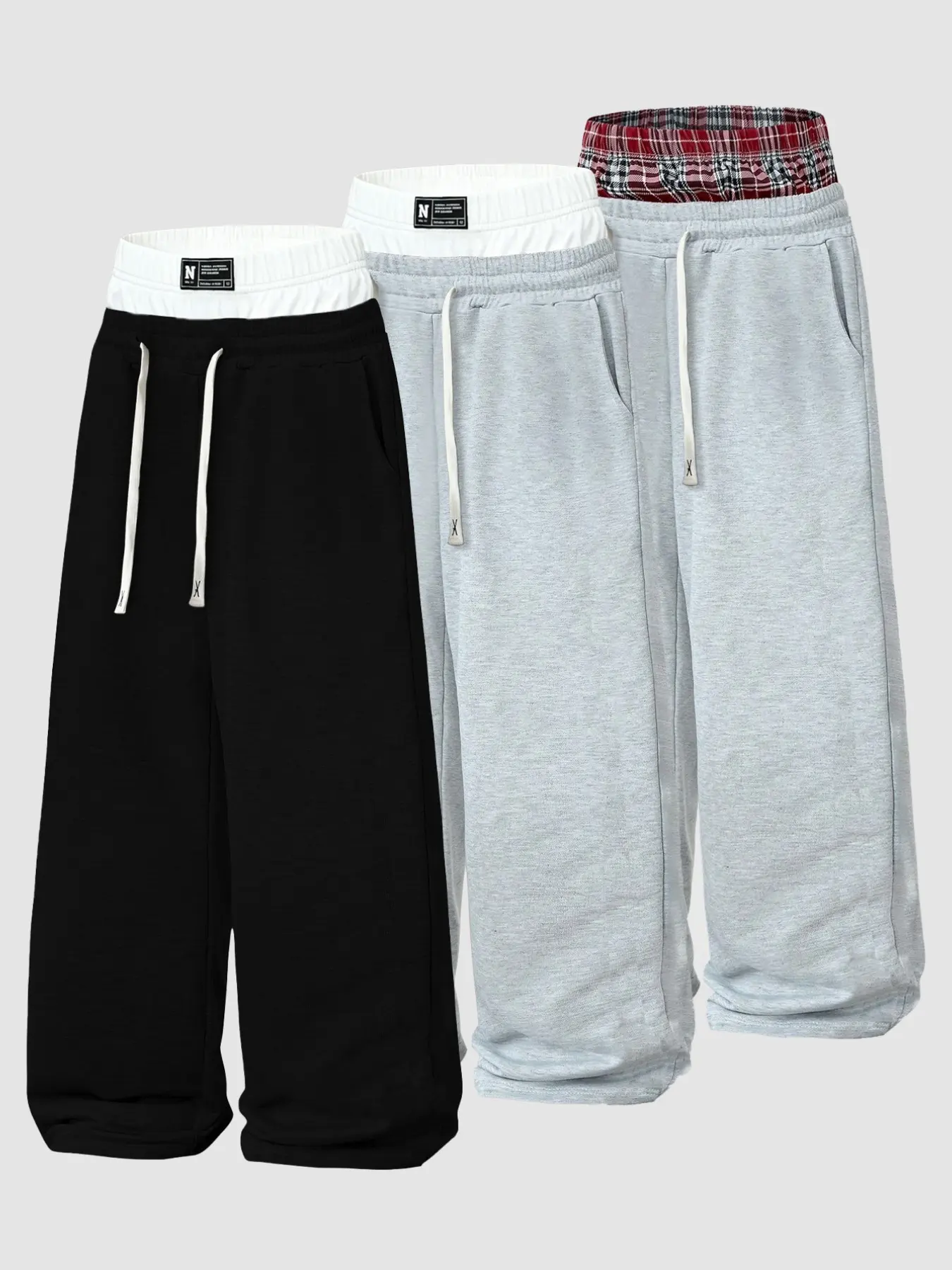 Men Fake Two-Tone Spliced Waist Wide Leg Sweatpants Plaid Decorated Waist Trim Baggy Straight Track Pants Drawstring Side Slit Pockets Soft Lightweight Knit Fabric Y2K Skater Hip Hop Streetwear Joggers For Teen Boys Skate Campus Gym, Casual Comfy Sporty