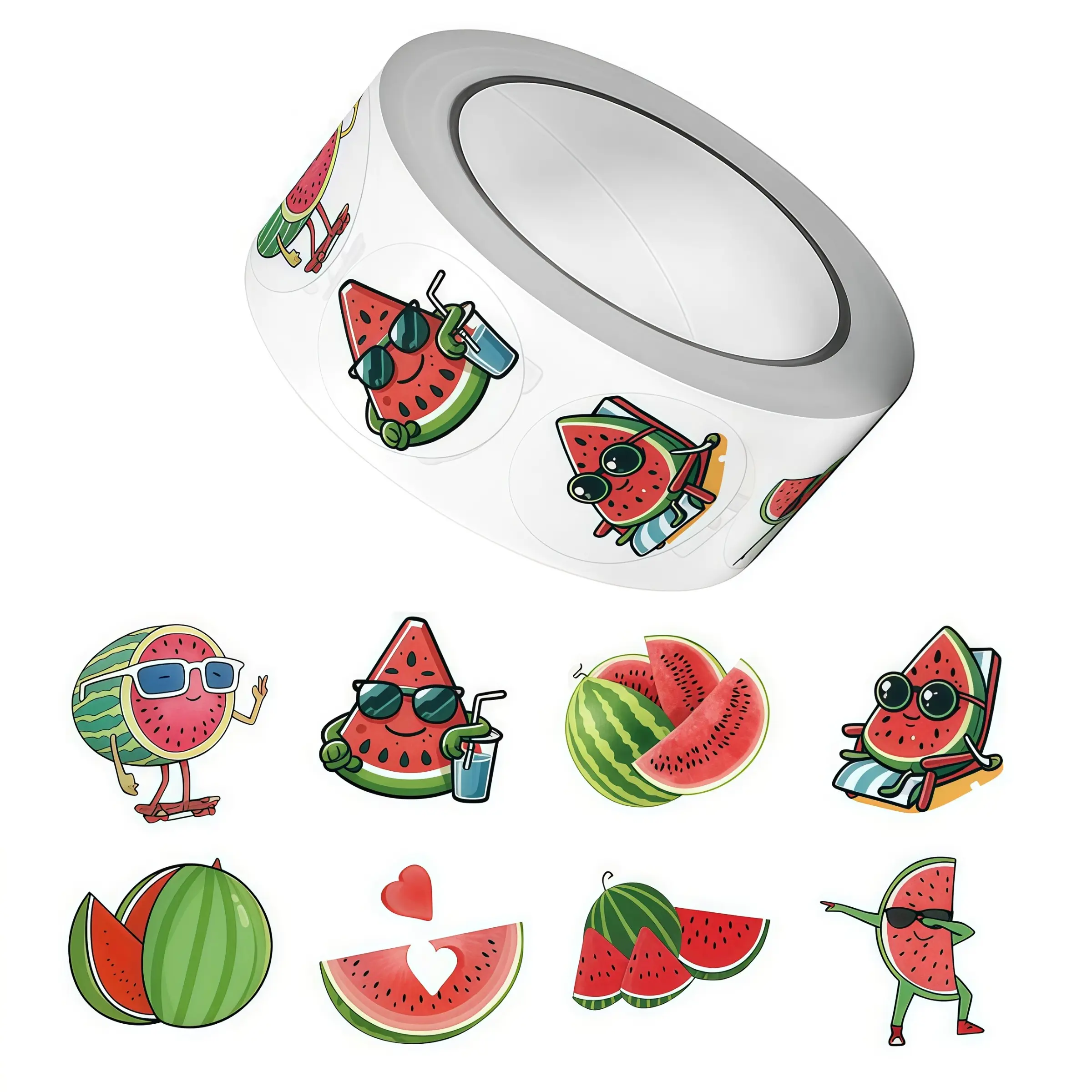 Cute Cartoon Watermelon Stickers Roll, 8 Styles Summer Fun Waterproof Labels, DIY Craft Material, Envelope Decor, Packaging Seal