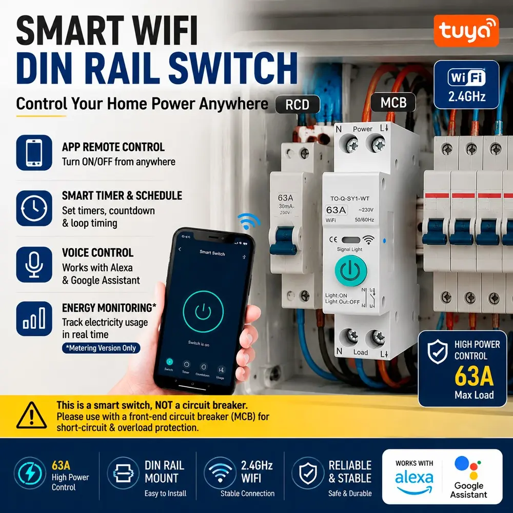 63A WiFi DIN Rail Switch, Smart Relay Module with Tuya APP Remote Control, Timer Schedule & Energy Monitoring, Alexa Google Home Compatible