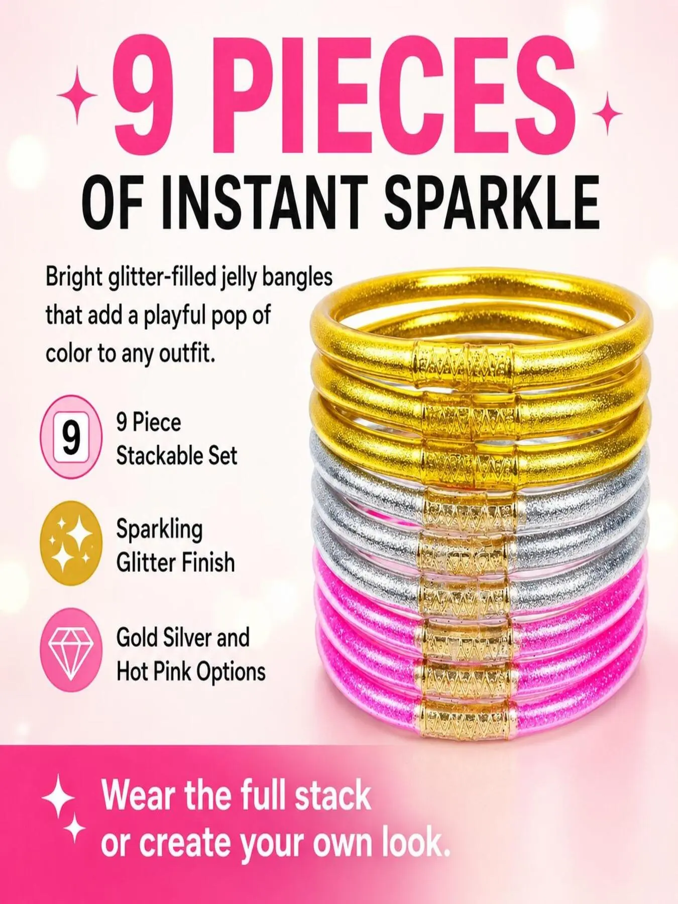Women's 9-Piece Glitter Jelly Bracelet Set, Flexible Stackable Bangles with Prayer Detail, Lightweight Daily & Summer Party Fashion Accessories
