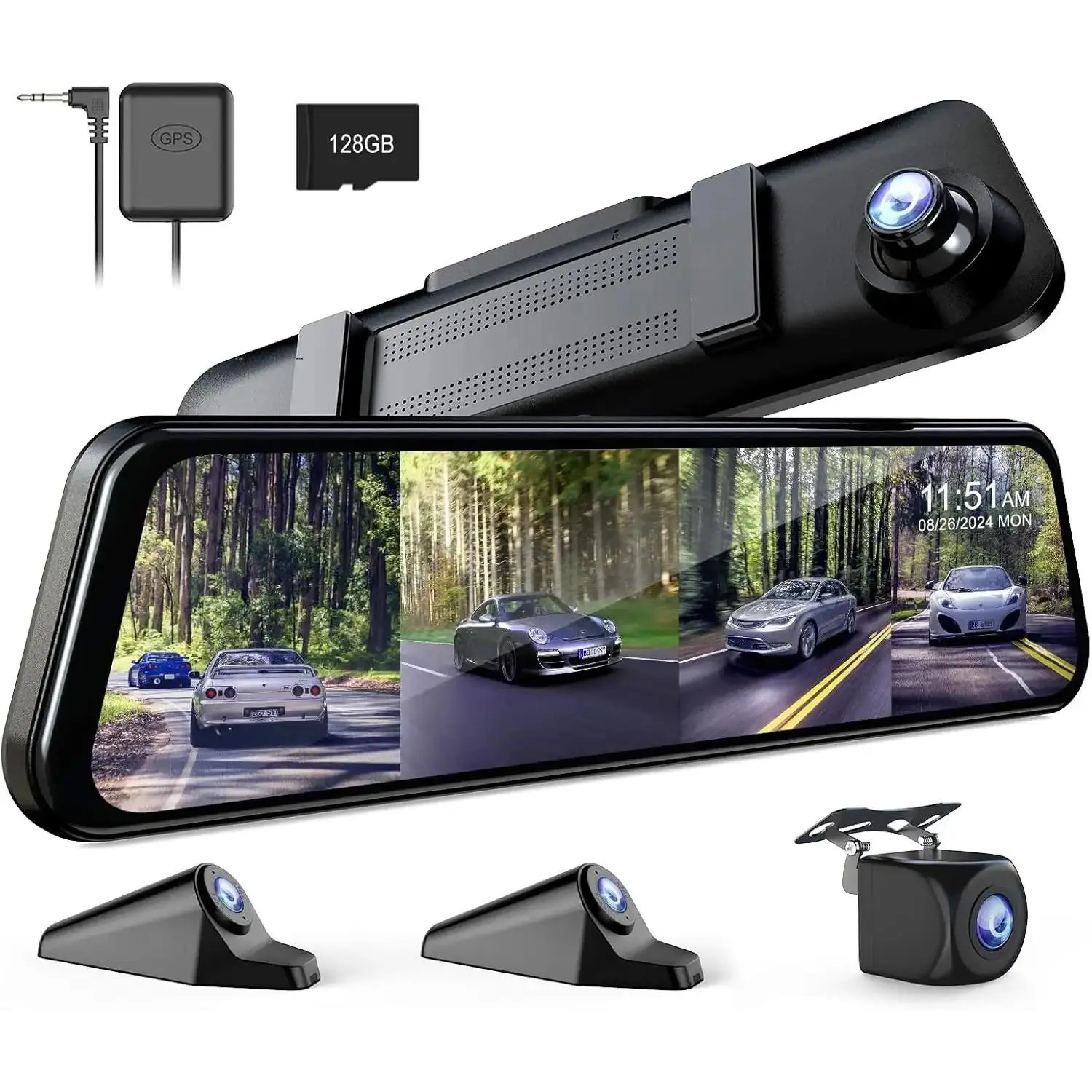 360 Degree View 4 Channel Mirror Dash Cam Detached Camera for Cars,Dash Cam Front and Rear Side(Left,Right),12'' Rear View Mirror Camera FHD1080Px4,Night Vision,GPS,Parking Monitor,Free 128GB Card#Summervibes