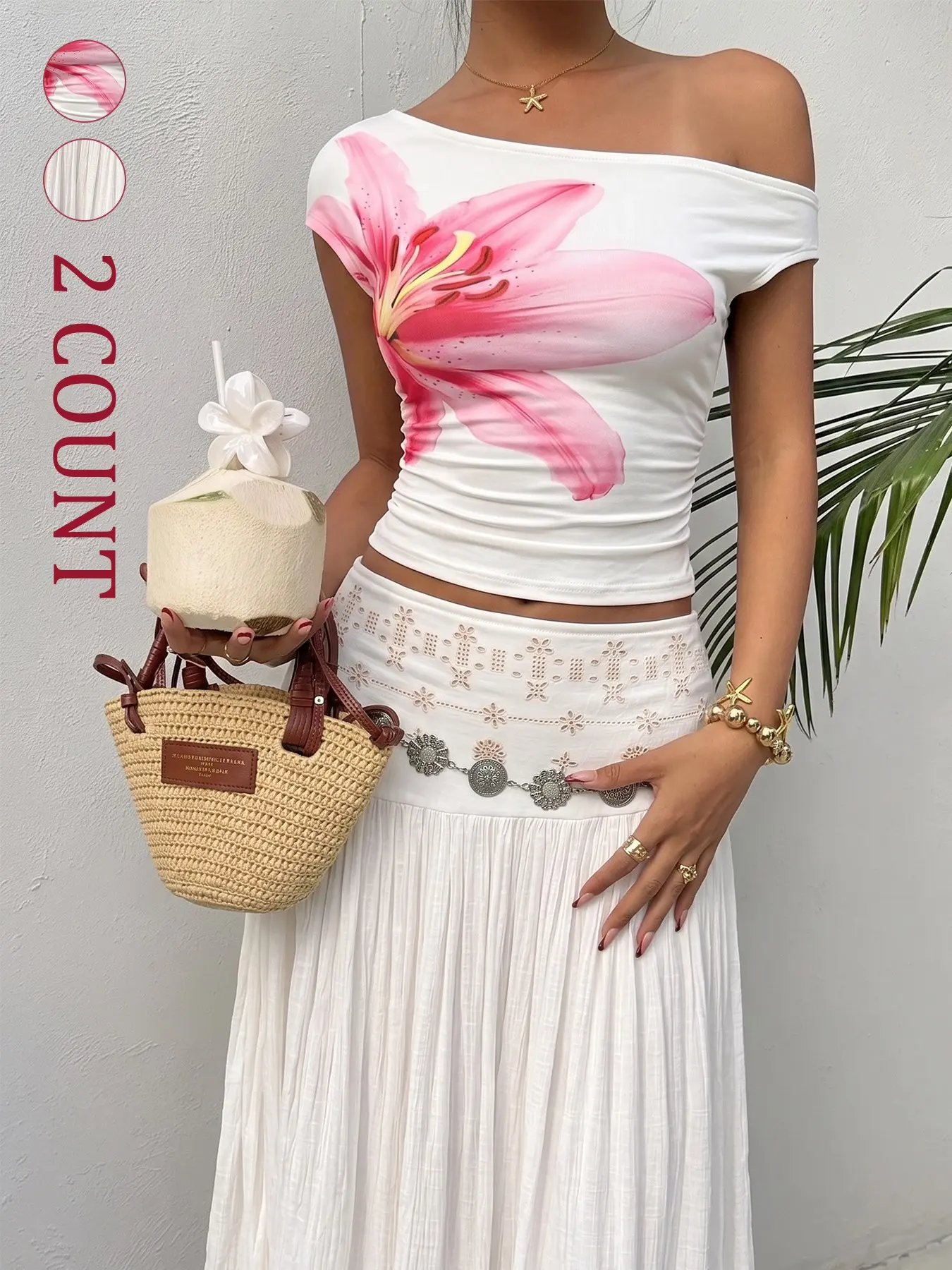 Women White Pink Lily Off Shoulder Ruched Crop Top & Eyelet Embroidery Pleated Maxi Skirt 2 Piece Set, Vacation Boho Floral Matching Co Ord Outfit, Summer Beach Set, Watercolor Flower Cold Shoulder Short Sleeve Long Skirt Set #lilyfloraltwo