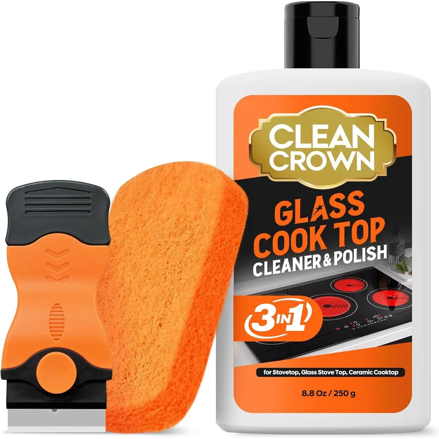 3-in-1 Cooktop Cleaner Kit (8.8 Oz Cooktop Cleaner + Scrubbing Pad + Scraper), Stovetop Cleaner for Electric Top Stoves, Ceramic Cooktops & Fireplace Glass, Remove Burned on Food, Grease