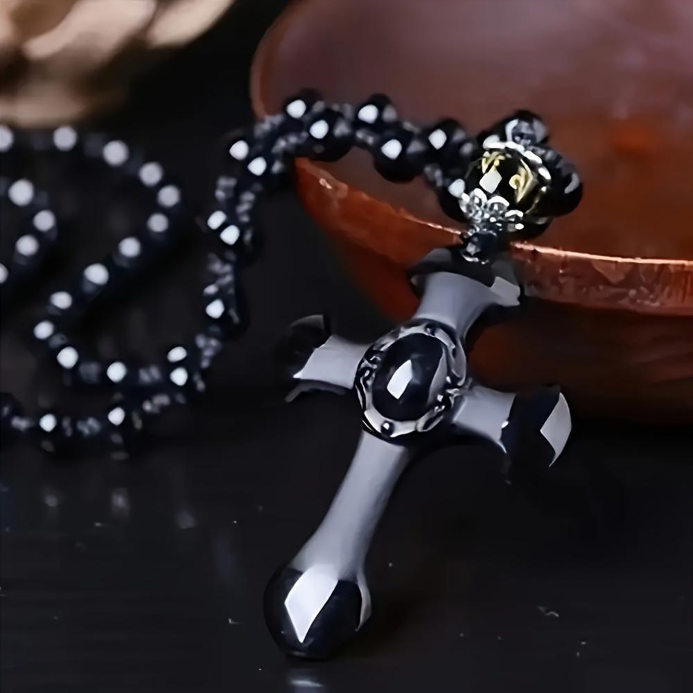 Natural Obsidian Cross Necklace for Men & Women - Black Stone Protection Amulet Pendant with Matching Beaded Chain, Spiritual Good Luck Charm, Negative Energy Cleansing Jewelry Gift