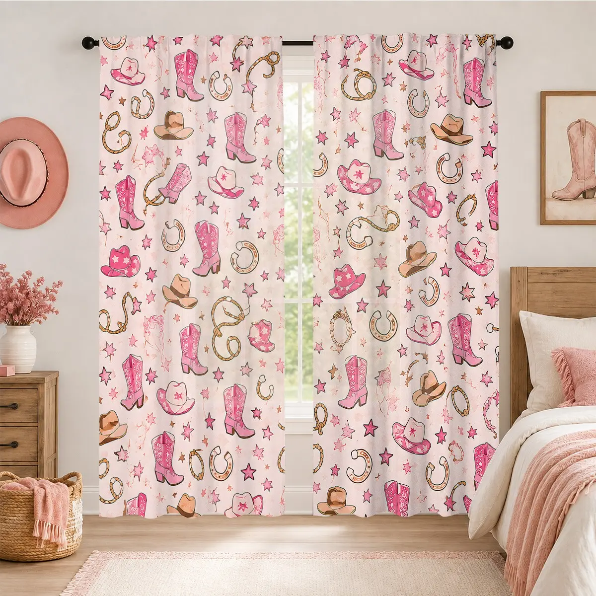 Two sweet pink Western cowboy print curtains, single-sided print, semi-blackout - rod pocket curtains, suitable for bedroom, kitchen, and living room decor. Multiple sizes available. (Rod not included)