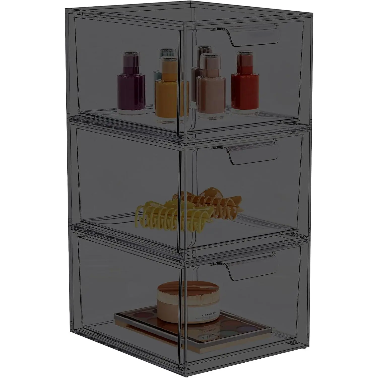 3 Pack Stackable  Makeup Organizer,  Black Storage Drawers | Clear Plastic Drawer Organizers with Handles for , Bathroom, Bedroom, ,  and  Storage