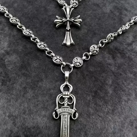 2-Piece Set Retro Unisex Gothic Cross Costume Jewelry Necklace, Punk Style Sword Pendant, Ideal Gift for Men & Women, All-Season Wearable Accessory