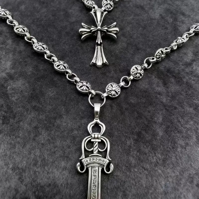 2-Piece Set Retro Unisex Gothic Cross Costume Jewelry Necklace, Punk Style Sword Pendant, Ideal Gift for Men & Women, All-Season Wearable Accessory