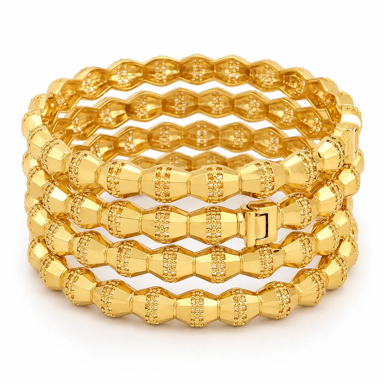 Gold Aesthetic Bangle Set for Women, Elegant 4-Piece Set with Geometric Faceted Design, Lightweight Bracelets for Daily Wear