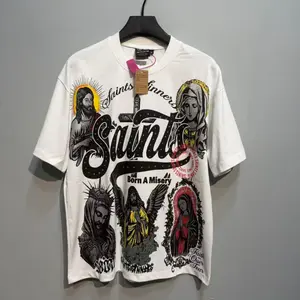 SAINTS Jesus Mary Saint Graphic T-Shirt, White Rhinestone Religious Streetwear Tee, christian clothing, white t shirt for men, graphic tee, Father's Day Gift