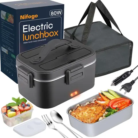 BPA-Free Electric Lunch Box Warmer (1.5L-3.5L Range, 1.8L Option) with Tableware Set, Insulated Carry Bag, 12V/24V/110V Car/Truck Adapter, Portable Kitchenware Food Heater
