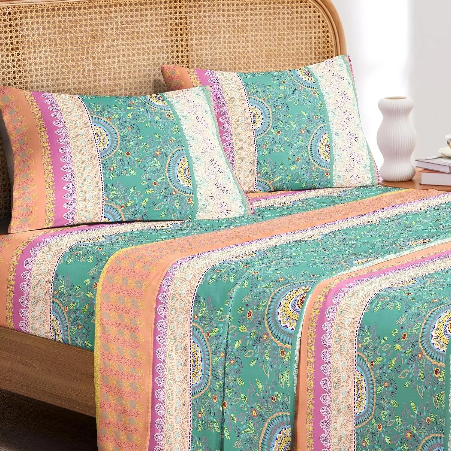 Wake In Cloud 4-Piece Queen Size Boho Bed Sheet Set, Medallion Print Multiple Colors Hippie Aesthetic Bedding, Deep Pocket, Orange-Green (Kitchen & Tableware Bedding Accessory)
