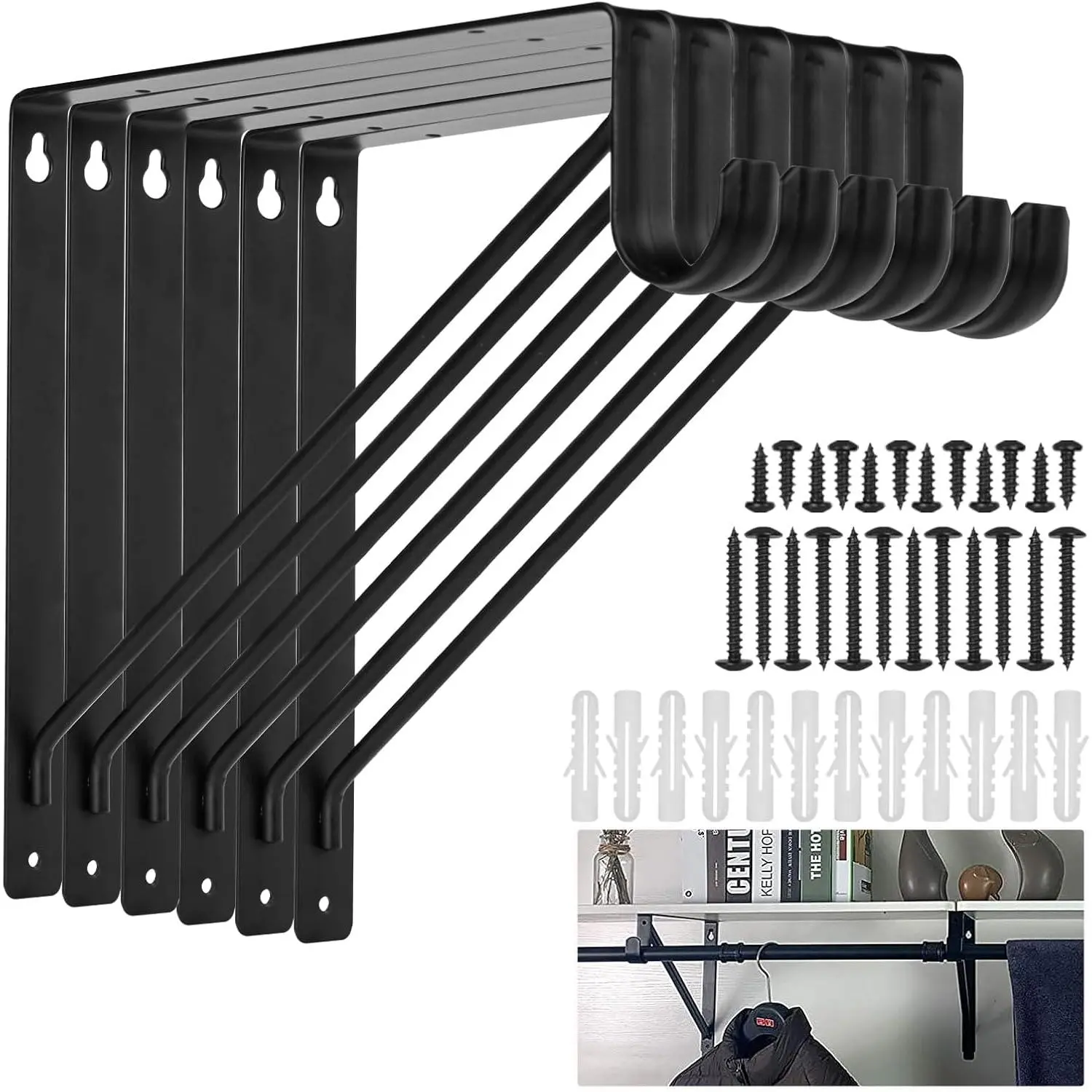 6 PCS Heavy Duty Closet Rod Bracket, 11 x 11 Inch Closet Shelf Brackets,Supports 300 lbs,Wall Mount Closet Rod Supports Bracket Hook with Screws, Closet Rod Holders for Home and Closet Decor(Black)