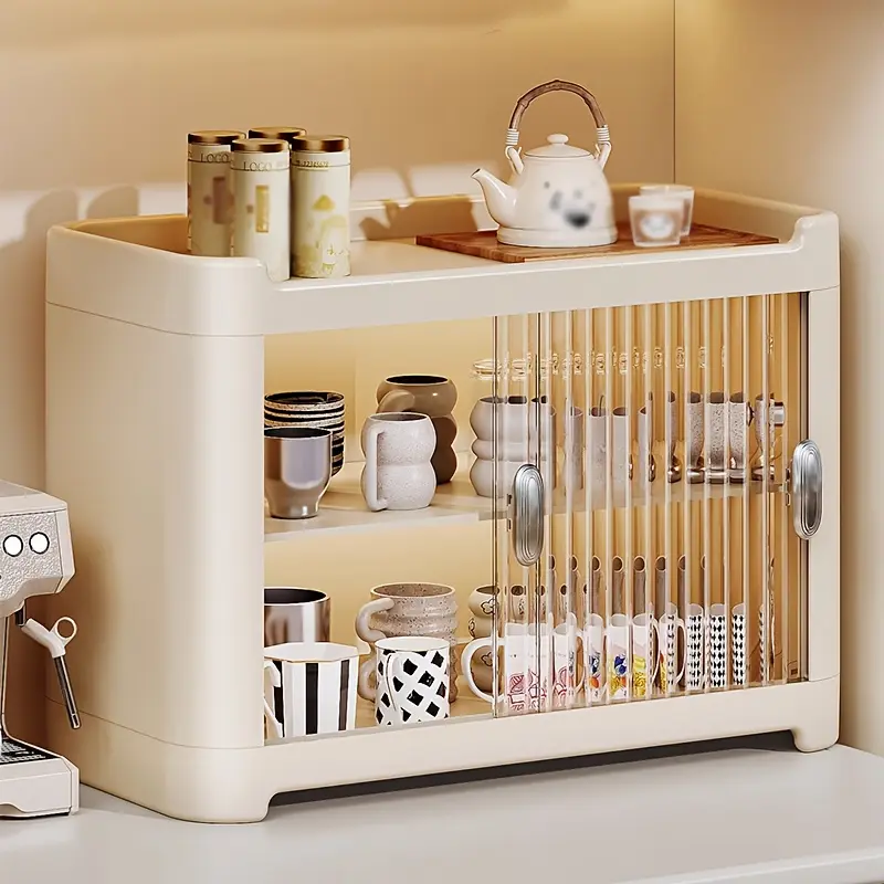 Coffee cup storage cabinet, portable mug display rack, kitchen seasoning bottle storage cabinet, transparent door panel design, multi-functional family storage cabinet, lightweight plastic cup storage rack for cup and spice bottle storage and sorting