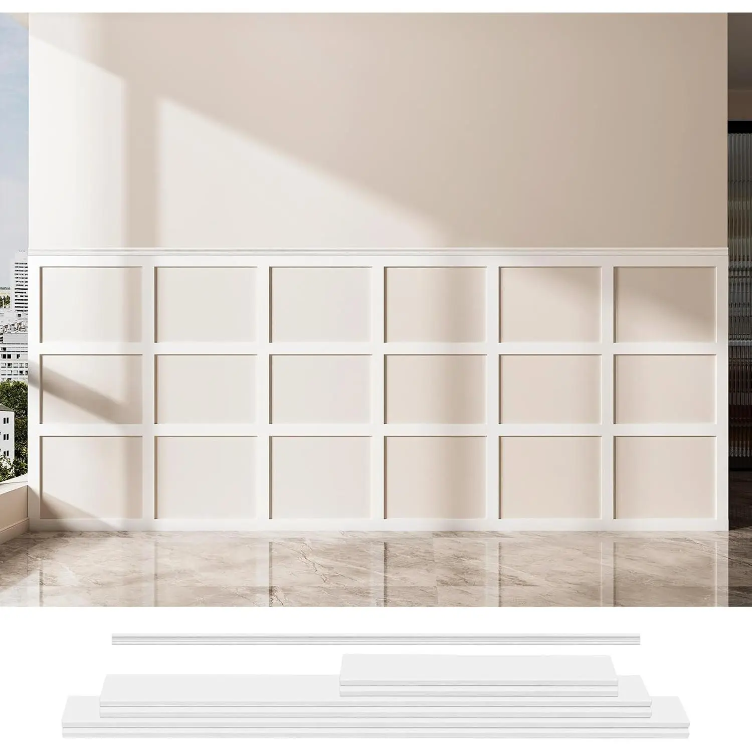 Pre-Cut Board and Batten Wainscoting Panel, Covers 10 ft, White | Polystyrene, Lightweight, Effortless Installation, Shock-Resistant, Long-Lasting, Ideal for Living Rooms, Bedrooms