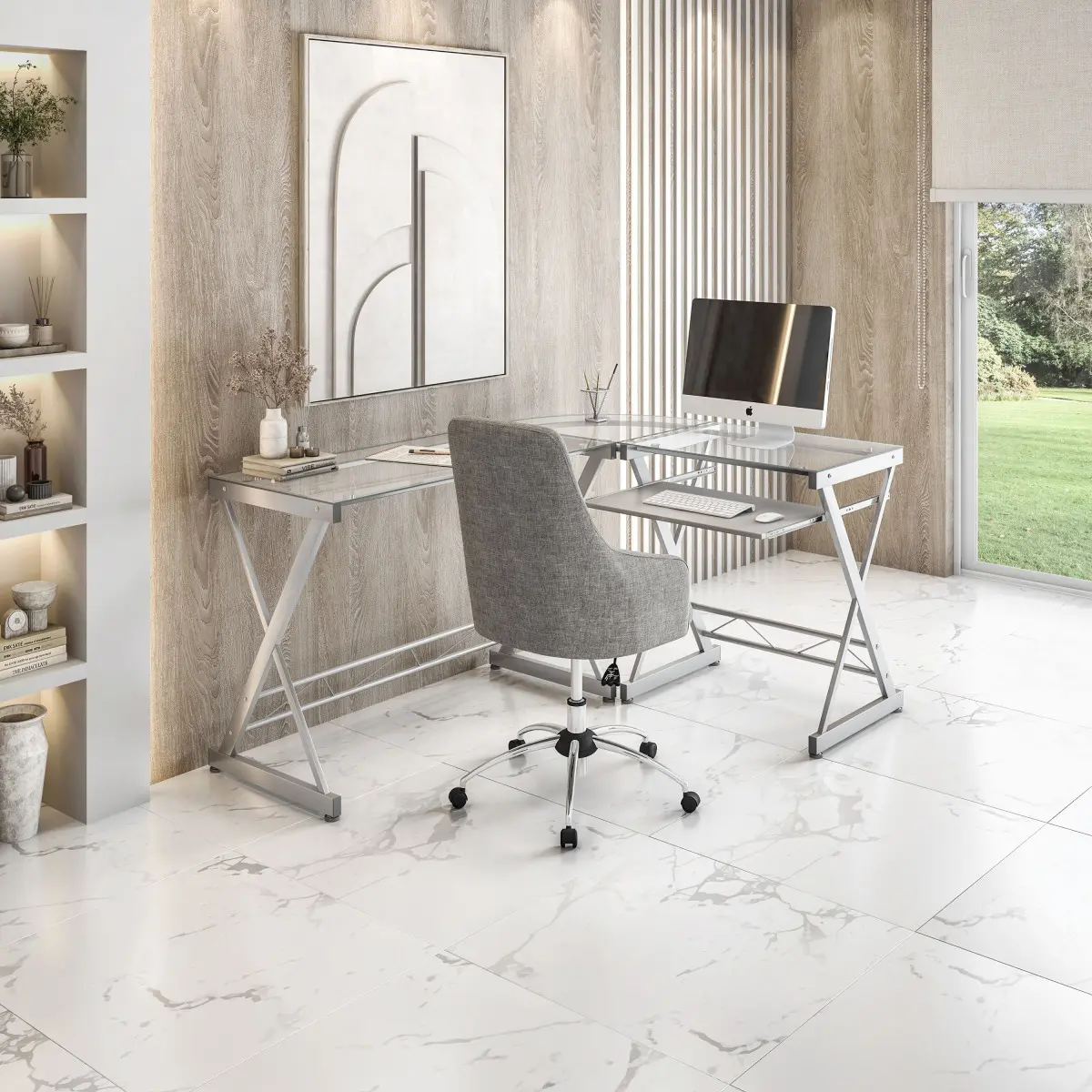 L-Shaped Tempered Glass Top Computer Desk with Pull Out Keyboard Panel, Clear On-Site