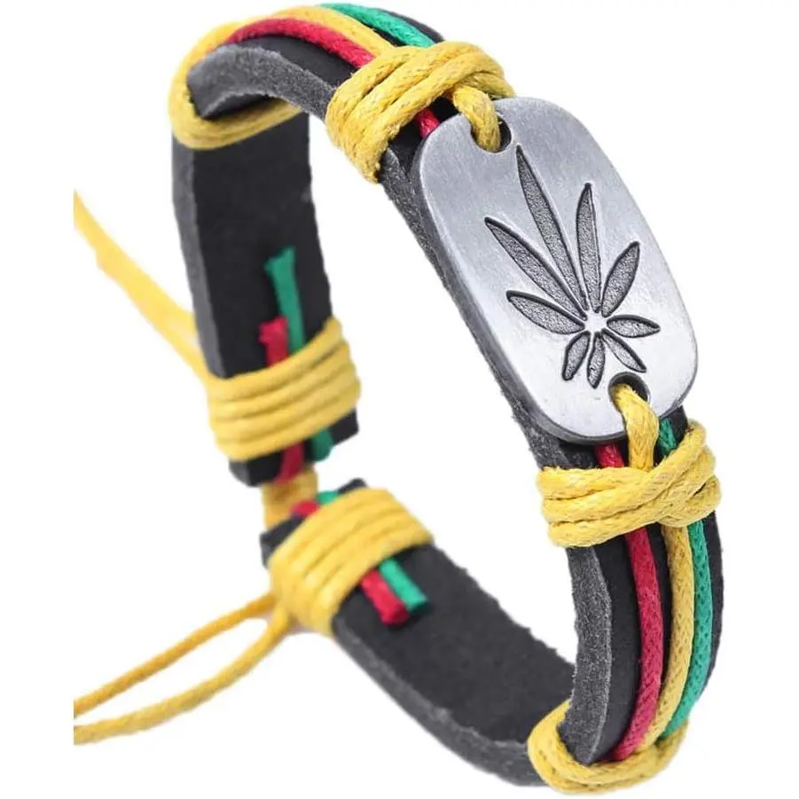 Weed 420  CBD THC Pot Leaf Rastafarian Jamaica  Hop Rap Adjustable Bracelet
