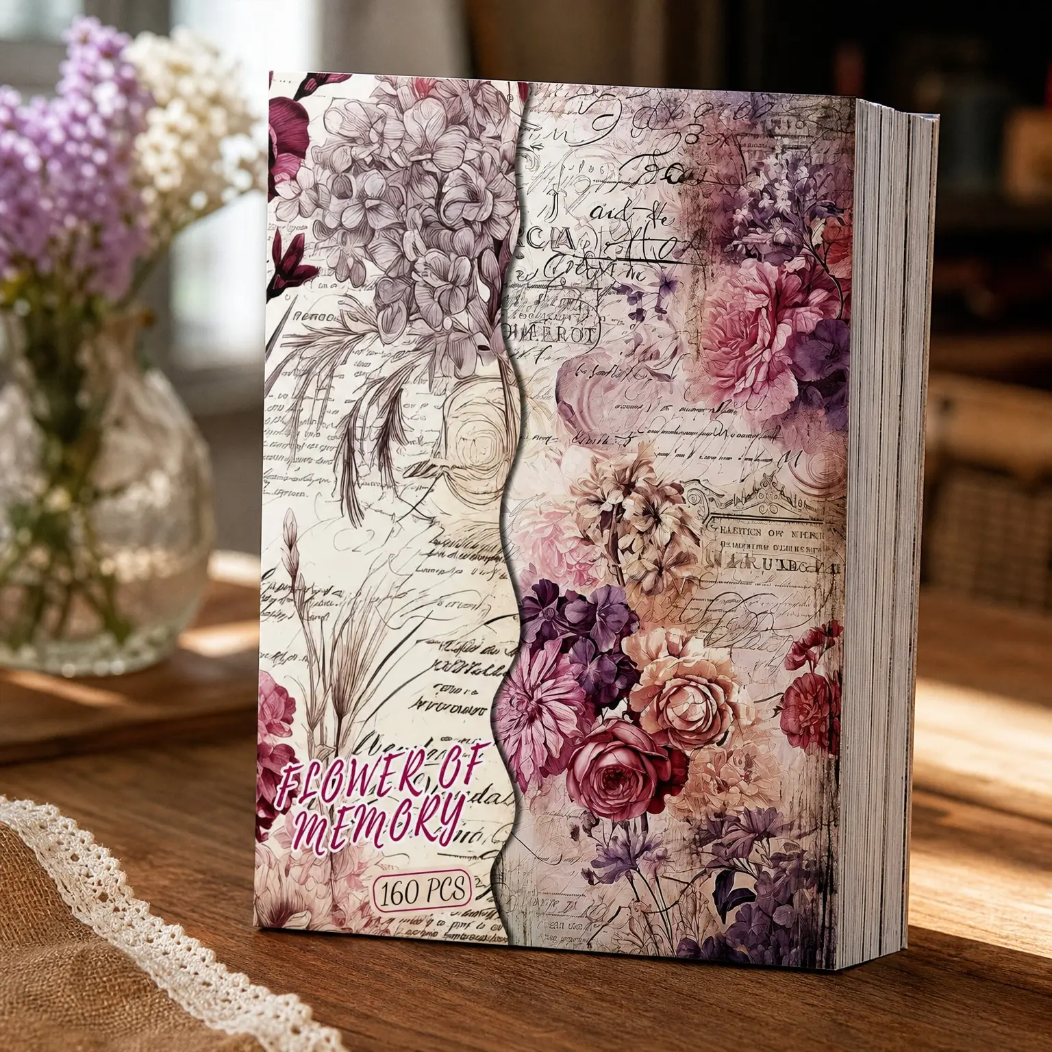 160 Sheets Vintage Flower Scrapbook Paper, Purple Pink Flowers with Cursive Script, No Repeating Designs for Junk Journal, DIY Cards, Craft Albums & Scrapbooking SuppliesGift