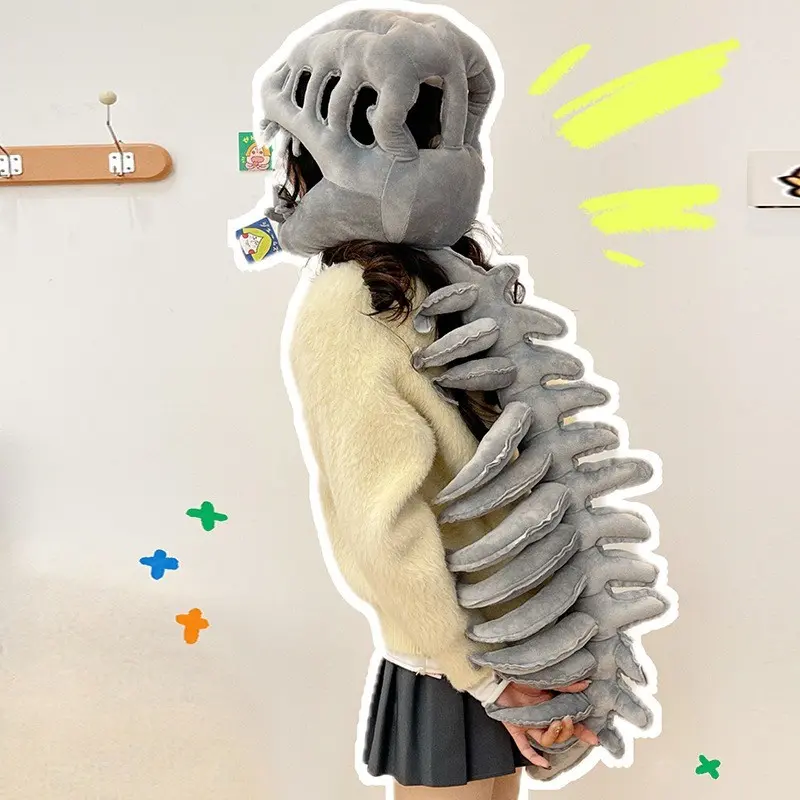 Dinosaur Skeleton Model Cosplay Mask Doll Plush Toy Headgear, Fun Costume Accessory for Kids and Adults, Perfect for Halloween and Parties