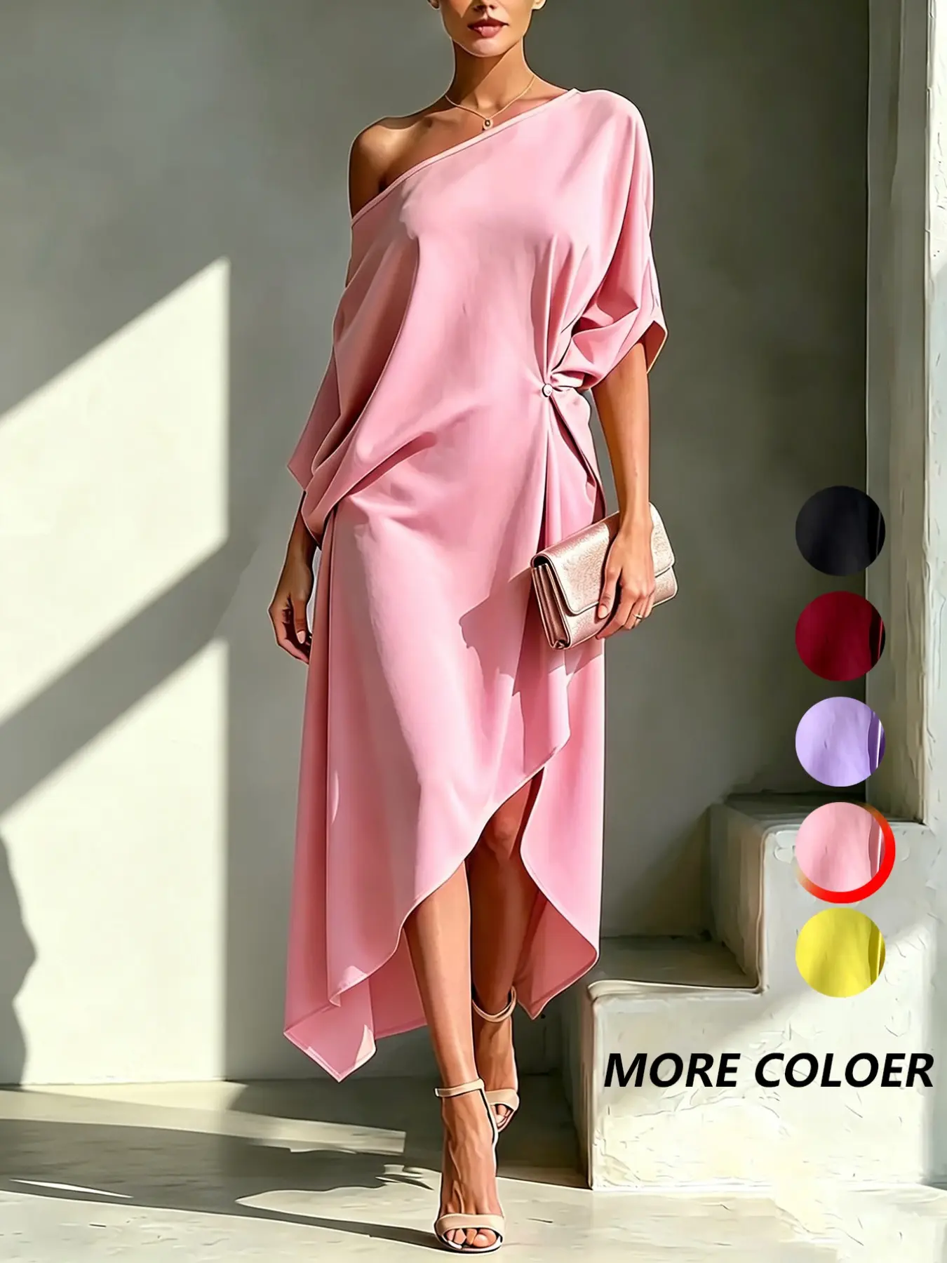 Elegant Simple One-Shoulder Asymmetrical Midi Dress, Slim Fit Evening Gown, Chic Casual Wear, Perfect for Special Occasions