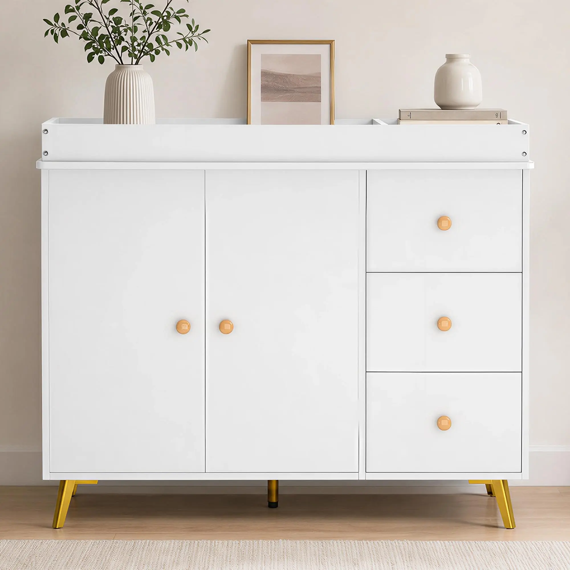 Baby Changing Table, White Wooden Dresser with 3 Drawers and Cabinet, Diaper Station for Nursery with Waterproof Changing Pad and Storage, Newborn Infant Baby Room Furniture Organizer