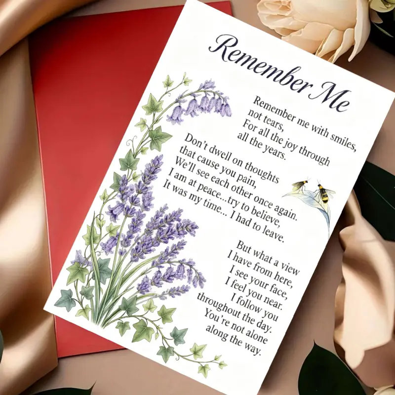A condolence card with the poem "Remember Me" and a purple lavender illustration. The inside pages are blank. Suitable for funeral memorial ceremonies to pay homage to deceased loved ones