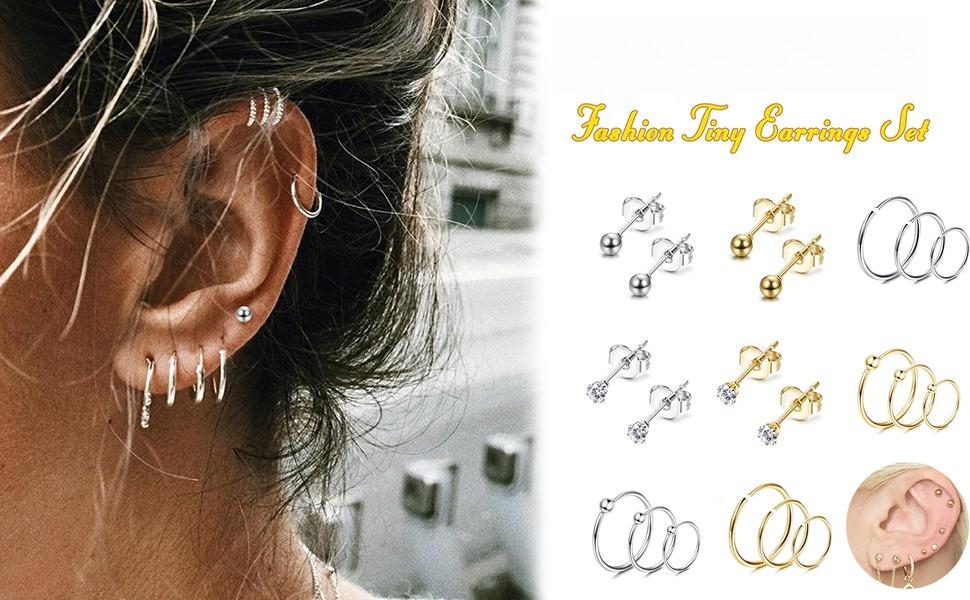 36PCS Earrings Set 12 Pairs Studs + 12 Piercing Hoops | 20G Stainless Steel CZ Cartilage Tragus Nose Jewelry | Silver & Gold 36PCS Earrings Set 12 Pairs Studs + 12 Piercing Hoops | 20G Stainless Steel CZ Cartilage Tragus Nose Jewelry | Silver & Gold