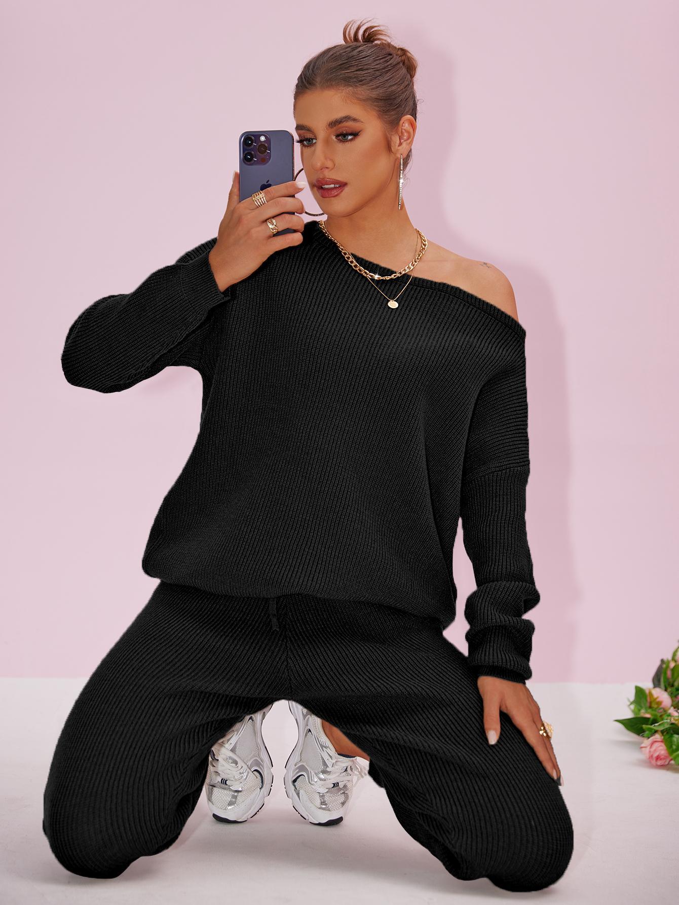 Joyfunear Women's 2025 Fall Winter Knit Set Oversized Sweater & Lounge Pants Matching Striped Basic Black Fitted Long Sleeve Shirts & Blouses for Casual Wear