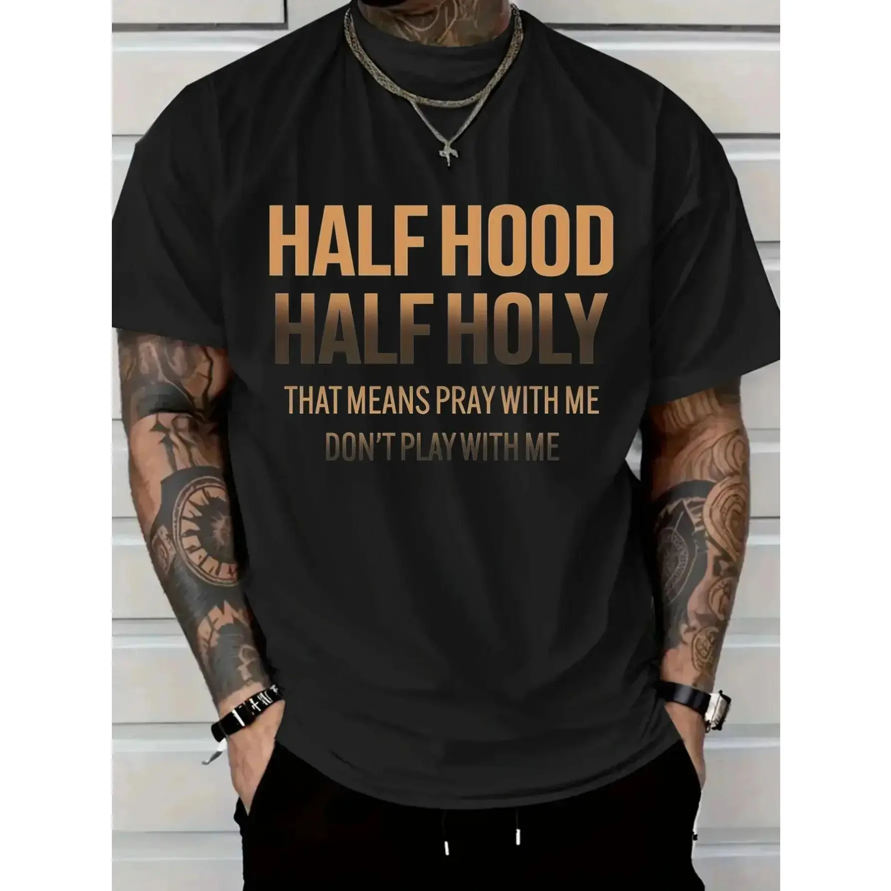Men's "Half Hood Half Holy Pray with Me Don't Play with Me" Graphic T-Shirt - White with Bold Brown Lettering, Urban Streetwear Statement Tee,Short Sleeve Round Neck Casual Shirt, All-Season Comfort,Bold Christian Faith App