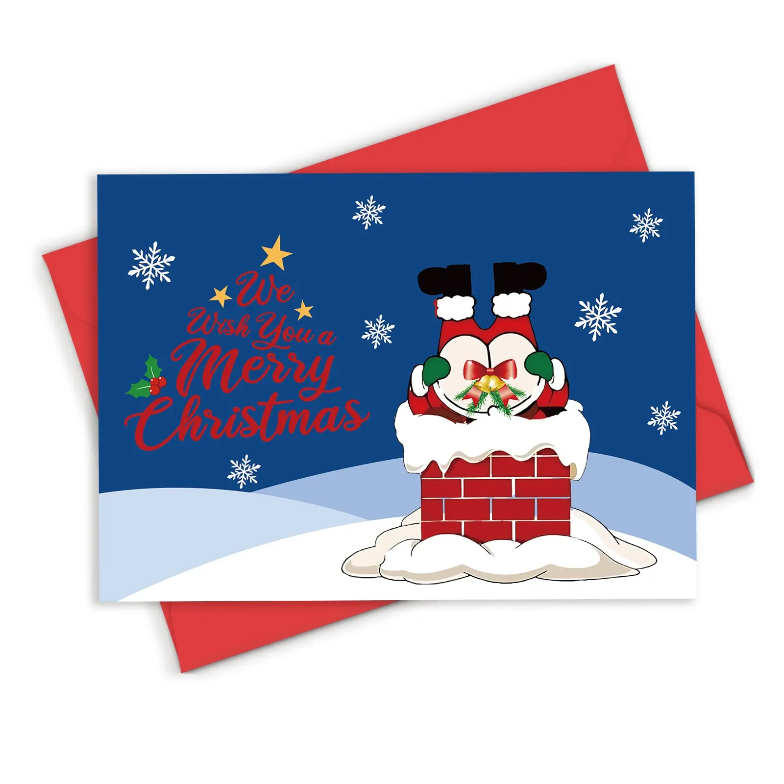 1 Count Dark Blue Funny Santa Chimney Christmas Card, 5×7 Inch Cute Humor Holiday Greeting Card With Red Envelope, Snowflake Holly We Wish You A Merry Christmas Design, Fun Xmas Gift Card For Family Kids Friends