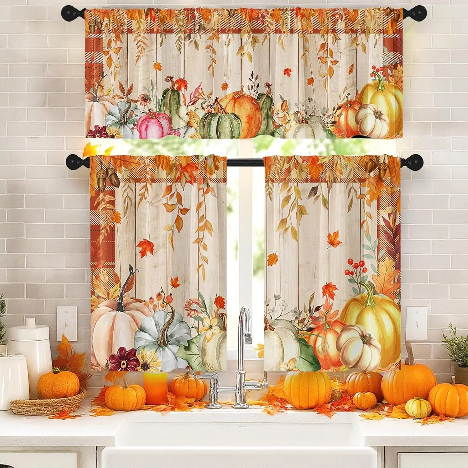 Arttown Kitchen Curtains Sets for Windows, 52x36 Inch, Pumpkin Buffalo| 3 Pack Plaid Fall Farmhouse Rod Pocket Cafe Curtain Drapes for Living Room Bedroom Bathroom Kitchen Over Sink Decor