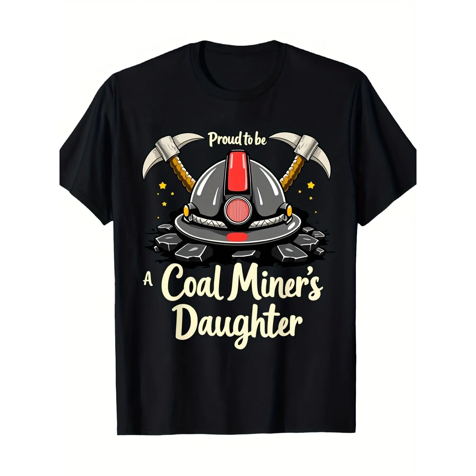 [100% Cotton] 100% Cotton  Men's and women's retro coal miner's daughter t-shirt miner's helmet pattern and proud slogan for coal miners pure black round neck short sleeve casual street clothing highlight mining men an Streetwear Menswear Basic Print Soft