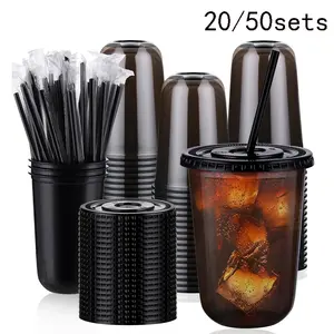 20/50 Pack 16oz Transparent Cups with Lids and Straws, Disposable Cold Drink Cups for Iced Coffee, Milk Tea, Smoothies, Outdoor Parties, To Go Cups with Lids and Straws