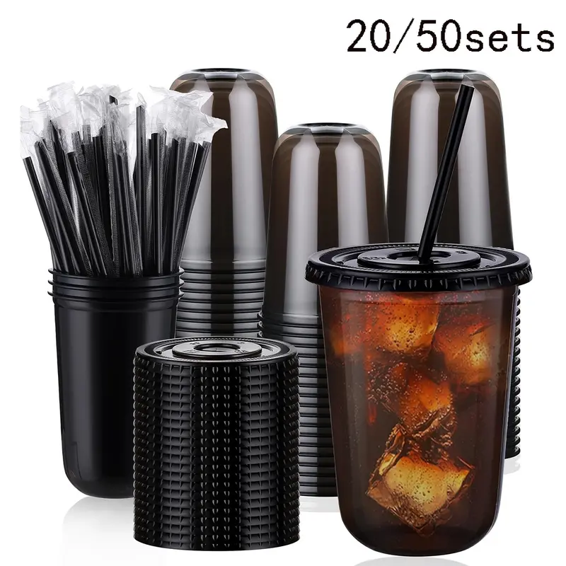 20/50-Pack 16 oz Clear Plastic Cups with Lids and Straws, Disposable Cold Drink Cups for Iced Coffee, Milk Tea and Smoothies, To-Go Cups for Outdoor Parties, Plastic Tumbler Cups, Plastic Tumblers with Lids and Straw