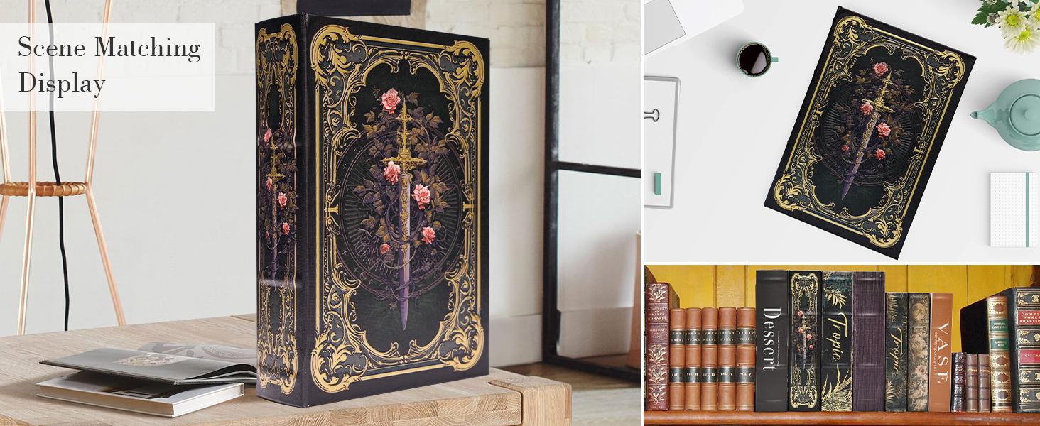 Premium Canvas Book Shaped Box with Gold Foil Decorative Storage,Secret Safe for Valuables, Remote Control Holder Elegant Home Office Decor Large Size Box