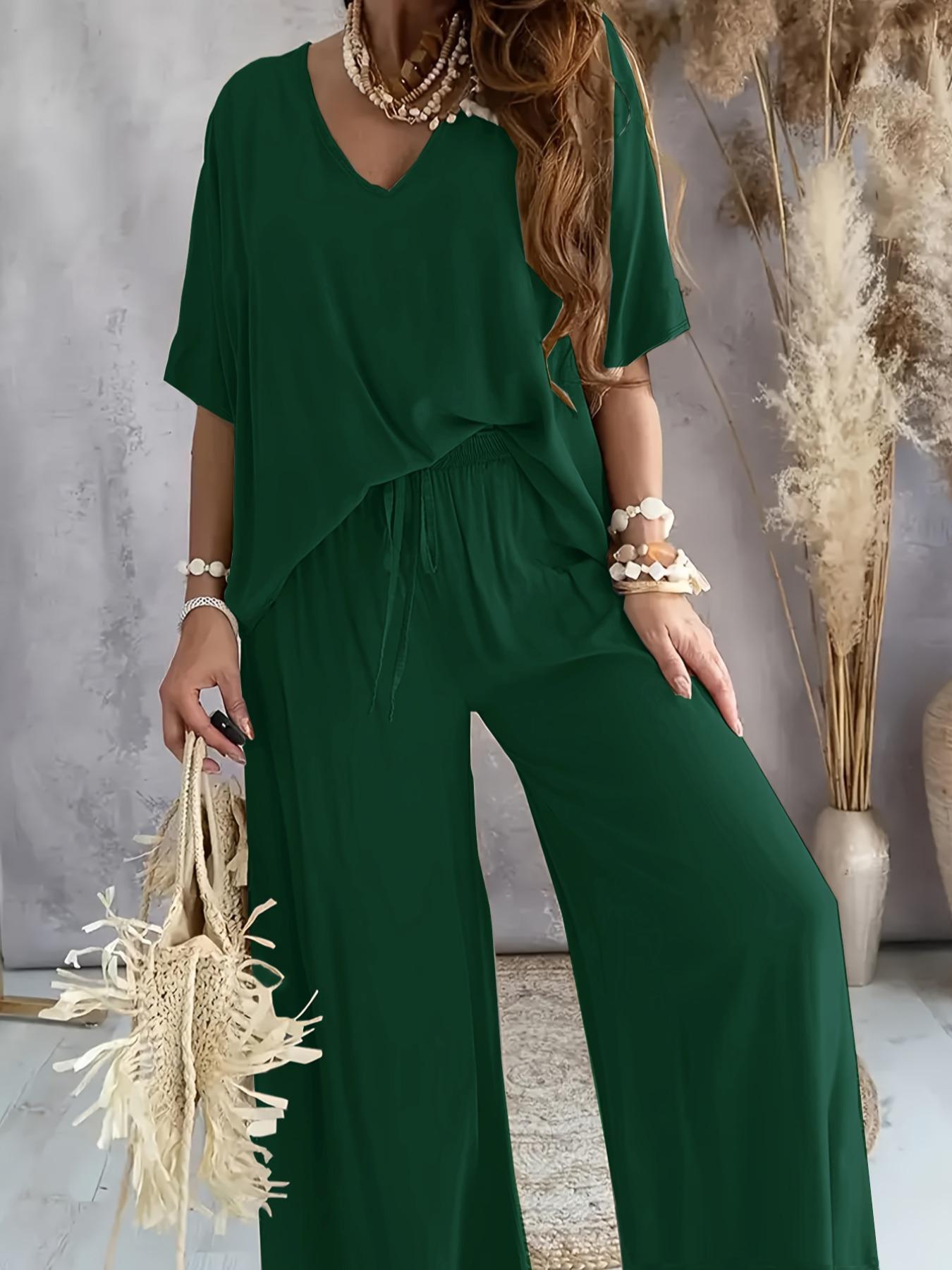 Women's V Neck Short Sleeve Loose Knit Wide Leg Pants Set, Casual Home Wear Two-Piece, Comfortable and Stylish Clothing